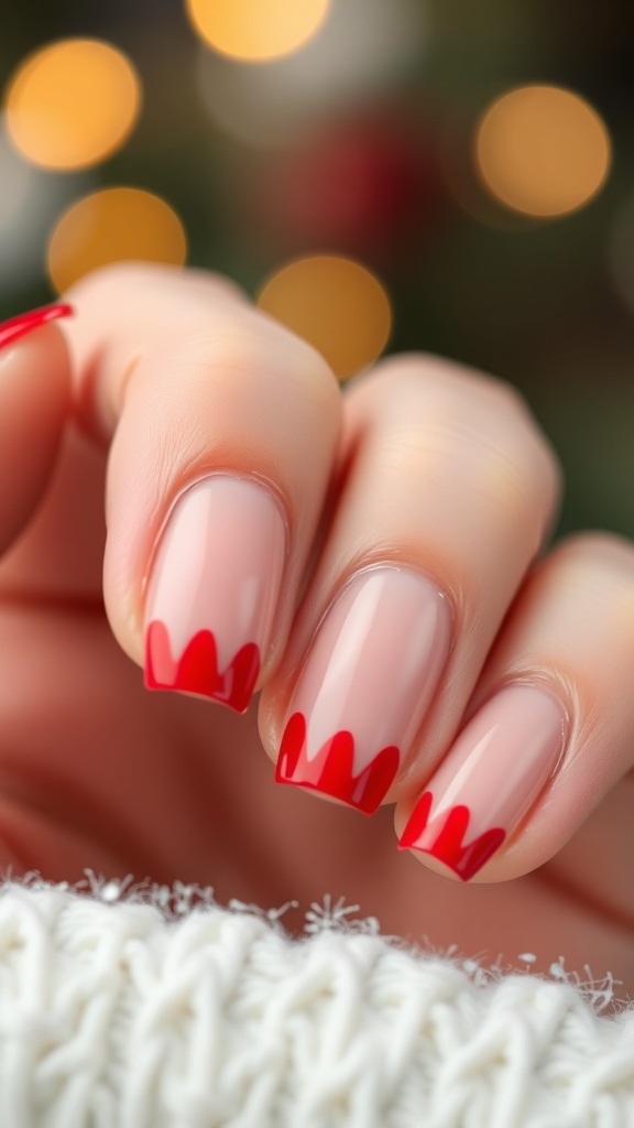 Elegant Christmas nails with neutral base and red tips, showcasing festive nail art.